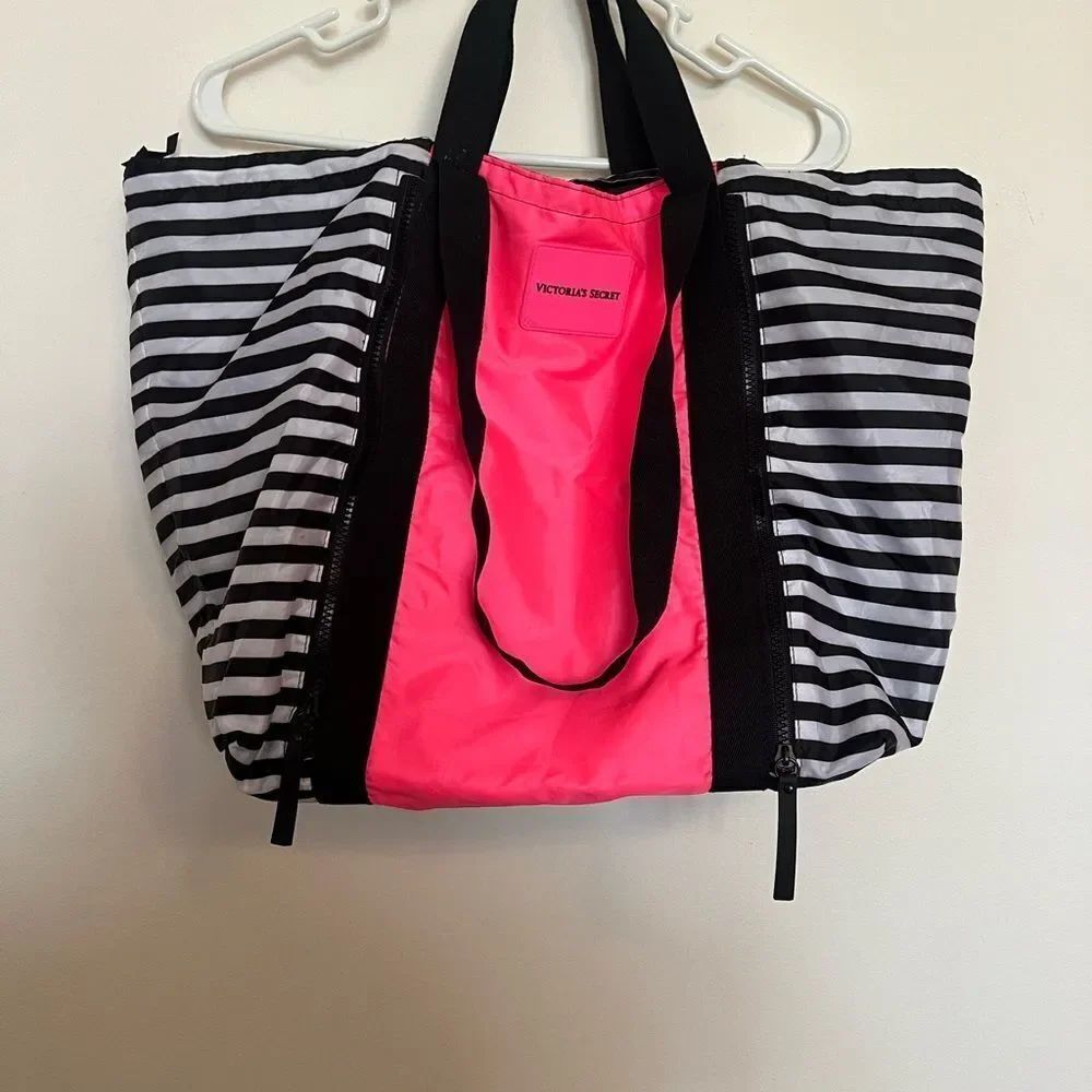 Victoria's Secret Neon Pink and Black Striped Tote